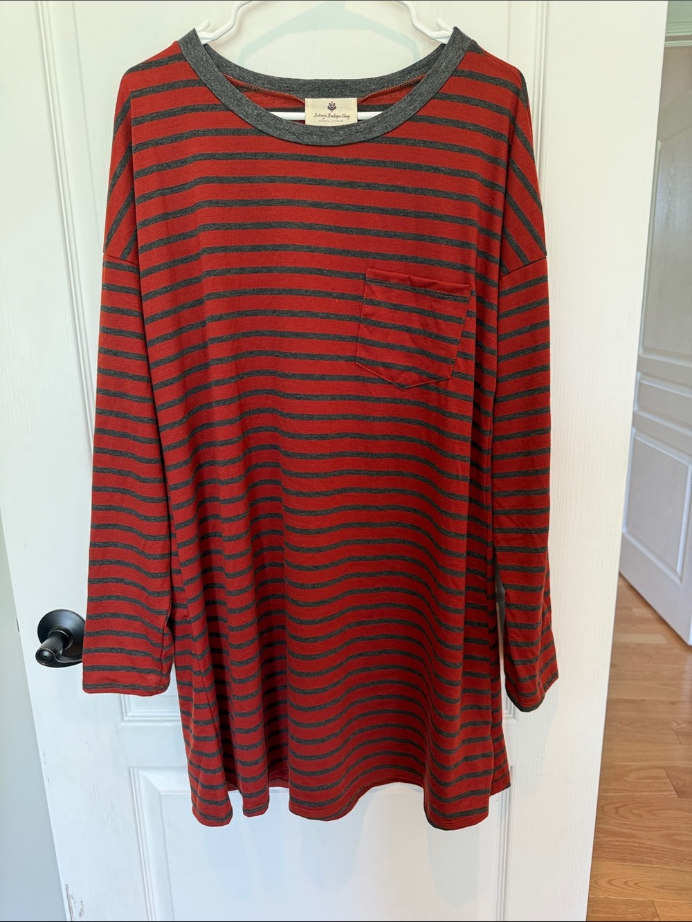 Long Sleeve Striped Pocket Tunic Dress - Red/Gray
